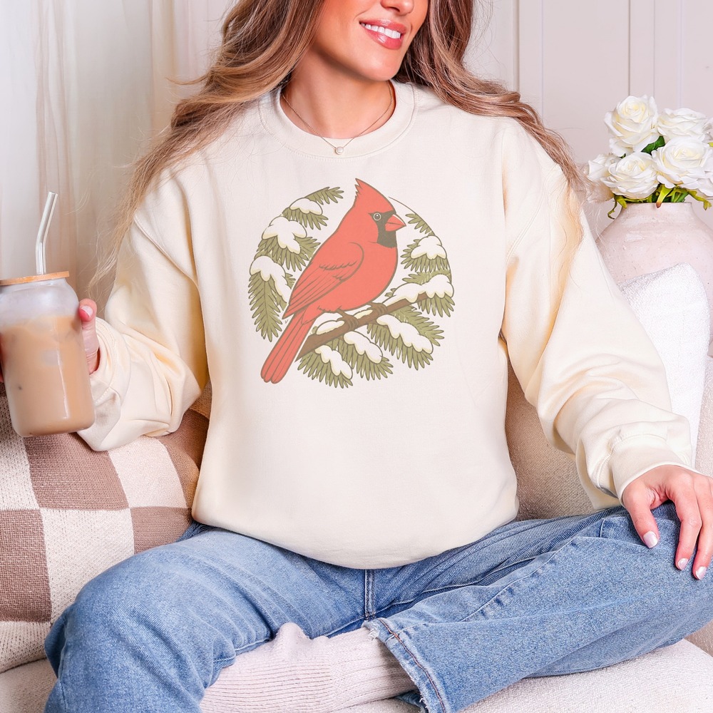 Cardinal Perched on Snowy Pine Vignette Sweatshirt